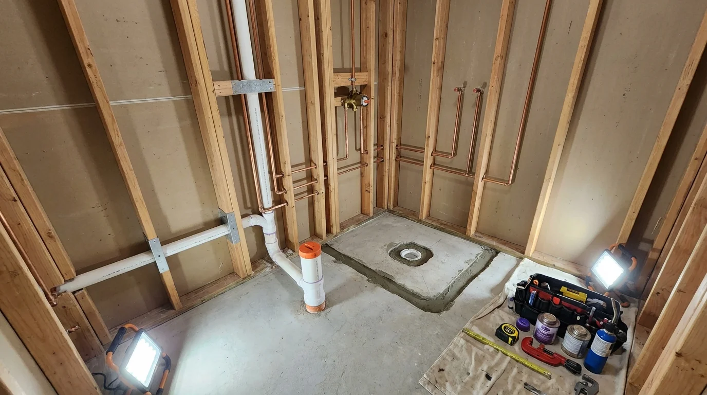 Bathroom rough-in plumbing during remodel by Johns Plumbing LLC in Stone Mountain