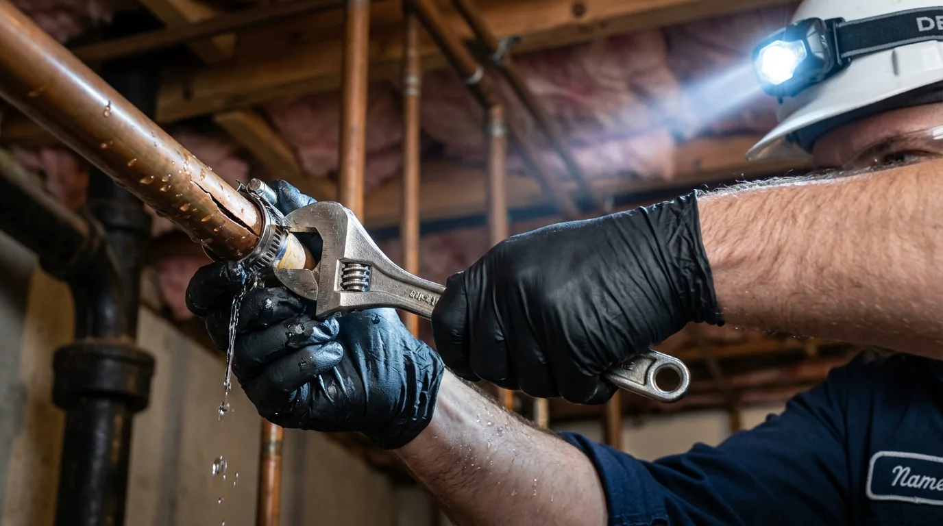 Emergency pipe clamp repair being performed by a Johns Plumbing LLC plumber in Stone Mountain