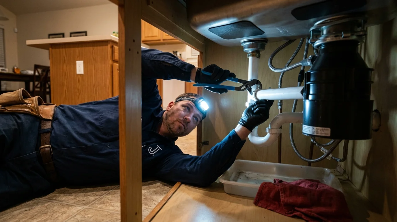 P-trap and supply line connections under a kitchen sink showing a common leak point in Stone Mountain, GA